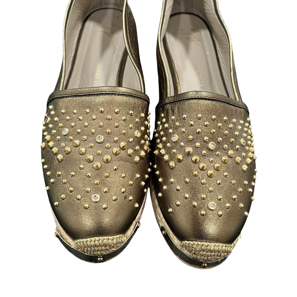 Giuseppe Zanotti Metallic Bronze Studded Crystal Espadrille Flats Shoes Size 38